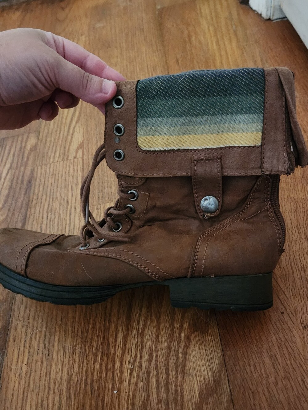 Fold-Over Brown Lace-Up Ankle Boot with Striped Cuff